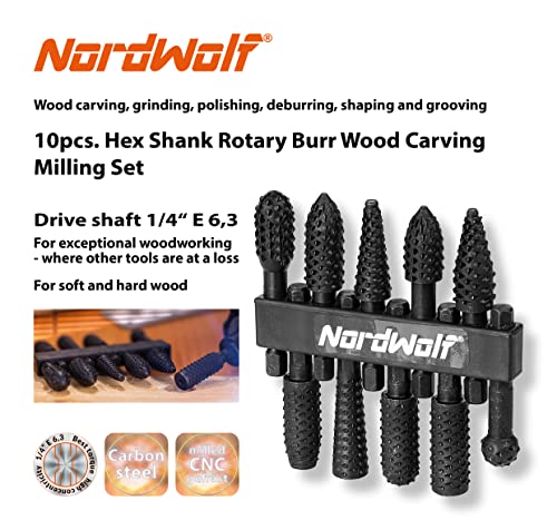 Nordwolf NW-19026 10-Piece Rotary Burr Wood Carving Rasp Files Set thumb #2