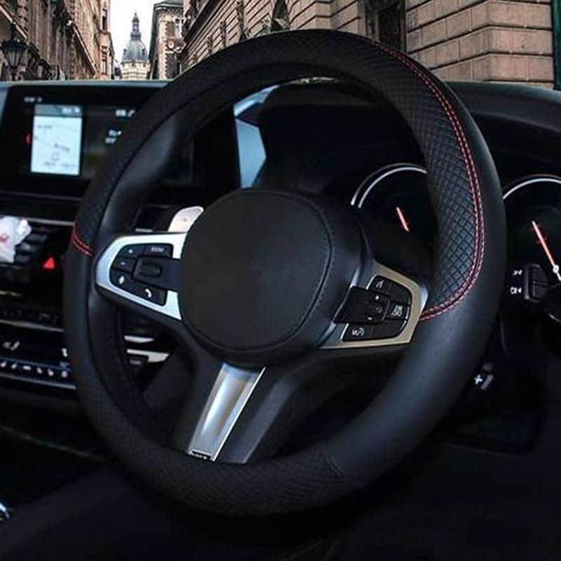 Leather Steering Wheel Cover Fit 14.5-15 Inch -Anti-Slip, Breathable, Heat Resistant Car Accessories for Cars, SUVs & Sedans - Black Red Thread Design for Chevrolet Captiva