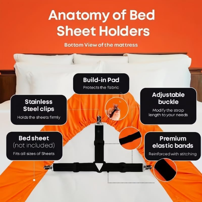 Triangle Sheet Clips 4-Pack Adjustable Elastic Metal Straps with Triangle Buckle for Bed Sheets, Tablecloths, Sofa Covers, Black