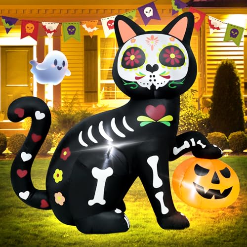 5FT Skeleton Cat Halloween Inflatable Decoration Pumpkin Decor Sp...
