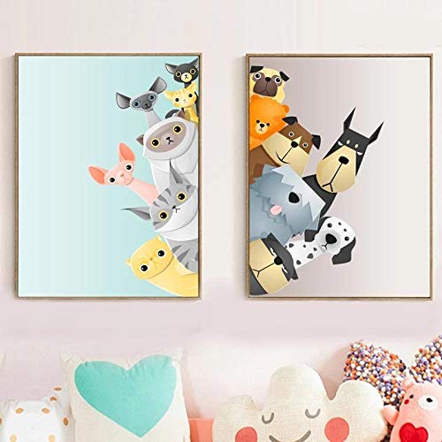 Dibujos animados Gatos Perros Poster lindo animal Pared Arte Impresiones Kawaii Gato Perro Cuadros...