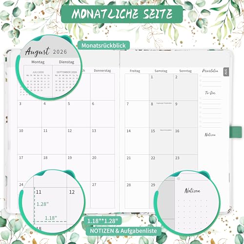 Terminplaner 2026 2027 - Kalender 2026-2027, Kalender 2026-2027 buchkalender Aug 2026 - Sept 2027, Wochenplaner, Organizer, A5 Terminplaner mit Einstecktasche, 21.4 cm × 14.6 cm