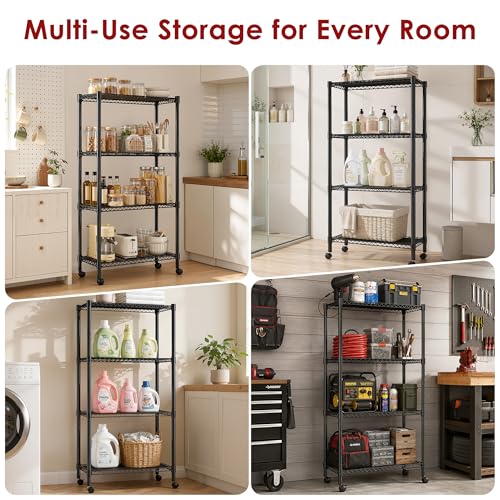 Image of Simple Deluxe 4-Tier Heavy Duty Adjustable Storage Shelf with Wheels, 23.23 inchW x 17.63 inchD x 47.24 inchH, Wide Mobile Metal Shelving Unit, Easy Assembly for Living Room, Office,Black