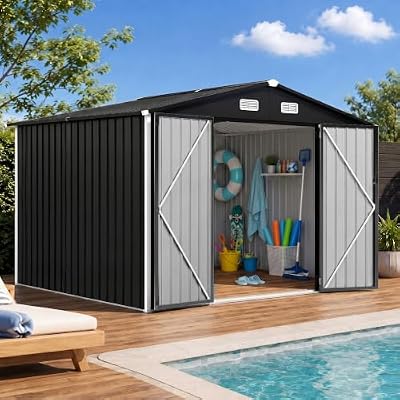 8x10 FT Outdoor Storage Shed, Metal Garden Shed with Lockable Door & Breathable Vent, Waterproof Outside Tool Shed for Patio, Backyard(Black