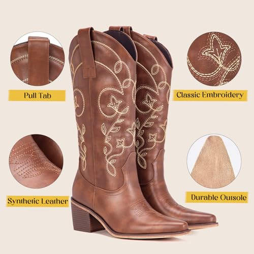 Wide Calf Cowboy Boots for Women Embroidered Cowgirl Boots Mid Calf Women's Western Cowboy Boot Fashion Pointy Toe Cowgirl Boot Pull on4