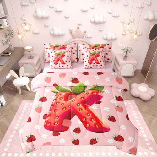 Image of Feelyou Girls Cute Strawberry Comforter Set With Sheets 7 Piece King Size Pink Strawberry Bed in a Bag Kids Boys Girls Initial Letter K Bedding Set Bedroom Decor Breathable Soft Lightweight Microfiber
