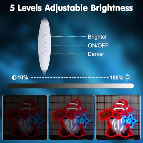 Image of USA 4th of July Neon Signs Gnome Neon Lights Patriotic Gnomes Decor for Home,Office,Business,Memorial Day,Independence Day Gift Art for Boys Girls -13 x 12.8 IN-USB Powered-Acrylic