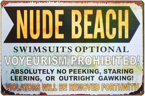 JIUFOTK Placa metálica vintage de 5,5 x 8 pulgadas con texto Playa nudista, Voyeurismo opcional prohibido.