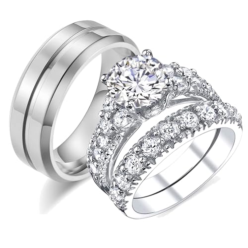 1.5ct Wedding Rings for Women Cubic Zirconia Engagement Bridal Ring Set His Hers Men Titanium Wedding Bands