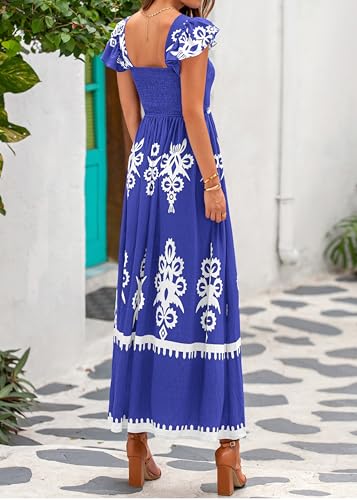 BTFBM Summer Dresses for Women 2025 Floral Smocked Boho Sleeveless Square Neck A Line Casual Beach Maxi Dress Pockets