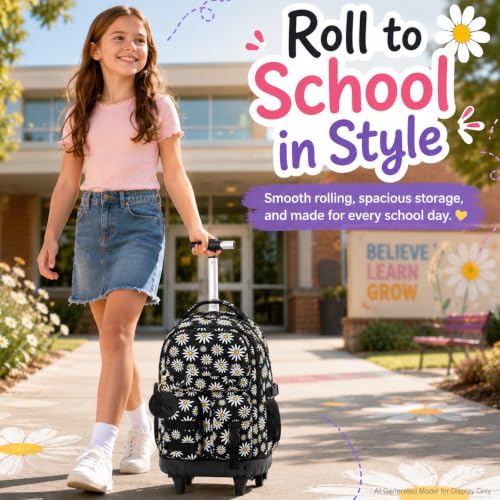 Image of CCJPX Rolling Backpack for Girls, 3Pcs Roller Wheeled School Bookbag, Daisy Wheels Backpacks with Lunch Box for Kids (Black)