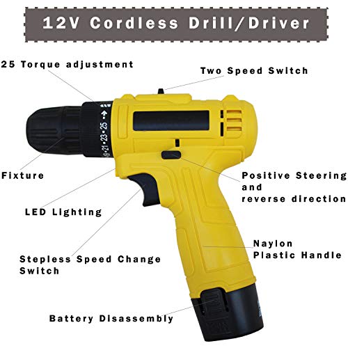 Image of Multi Function Cordless Drill Machine 12V Lithium-Ion with 2 Battery & Two Speed Control with 5pcs Masonry Drill Bit Set and PH2(+ /-) 10pcs Bits (Color-Multi, Material- Plastic,Size -compact)