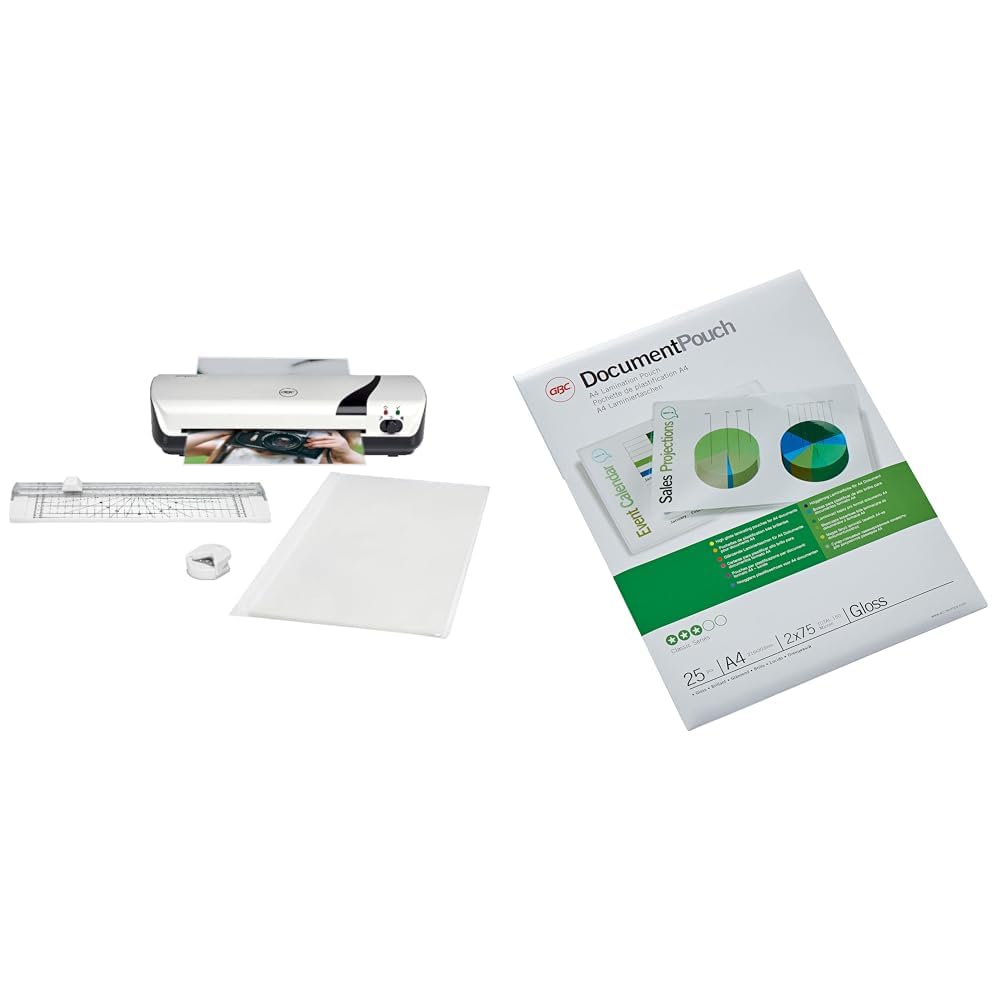 GBC Inspire+ 4-in-1 Set mit A4-Laminiergerät, Papierschneider und Eckenrunder, inkl. extra großes Starterkit mit 30 Laminierfolien, Für 75 bis 125 mic Laminierfolien, Schwarz (4410034 + 3740489)