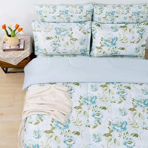 Image of lasoftan Floral Queen Comforter Set with Sheets, 7 Piece Luxury Vintage Bedding, Soft Microfiber Bed in a Bag, Cozy Lightweight Bed Set, Green Leaves Teal Blue Flower