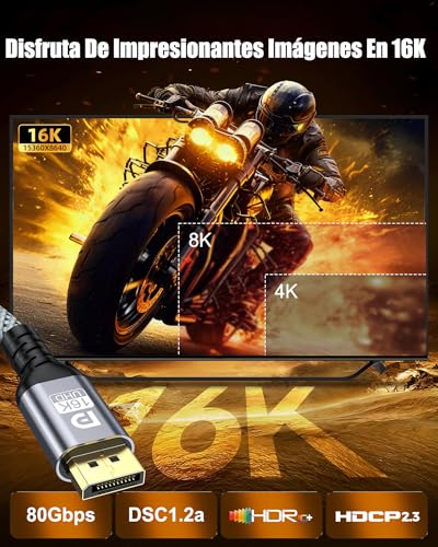 NORSHY Cable DisplayPort 2.1 16K, Cable DP 2M, 16K@60Hz, 8K@120Hz, 4K@240Hz/165Hz/144Hz 80Gbps, HDR, FreeSync, G-Sync, DSC 1.2a, HDCP 2.3 para Gaming PC Monitor TV Pantallas de Juego - imagen 2