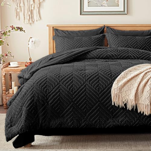 Image of Zzlpp Queen Comforter Set 7 Pieces, Black Tufted Bed in a Bag with Comforter and Sheets,All Season Boho Bedding Sets with Comforter, 2 Pillow Shams, 2 Pillowcases, 1 Flat Sheet, 1 Fitted Sheet