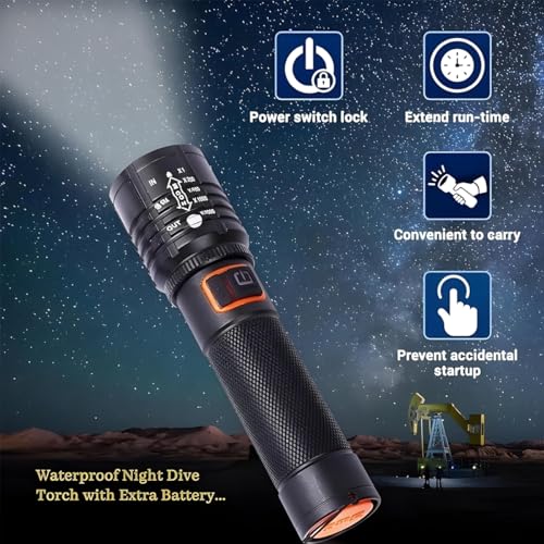 Image of Rechargeable Flashlight - 10000 Lumen High Power LED Torch, 1200M Long Beam, USB-C Charging, 10+ Hours Runtime, Adjustable Zoom Light for Camping, Hiking, Emergency, Outdoor Use (M035 Black)