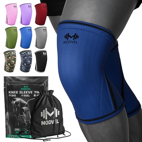 Image of Modvel 7mm Neoprene Knee Sleeves for Men & Women Weightlifting & Powerlifting - Compression Knee Sleeve Support for Squats, Gym, Training - USPA, IPL Approved - Small Blue (Pair)