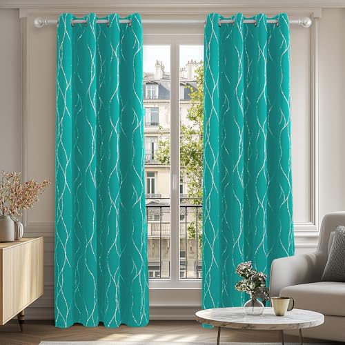 Deconovo Lot de 2 Rideau Occultant Thermique Anti Froid Isolant avec Motif Argente Rideaux Chambre Fille Oeillet 140x175cm Turquoise