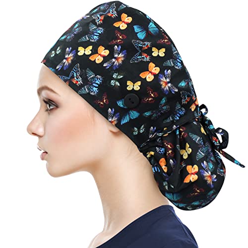 Image of QBA Adjustable Working Cap with Button, Satin-Lined Hat, Cotton Working Hat Sweatband, Elastic Tie Back Hats Unisex