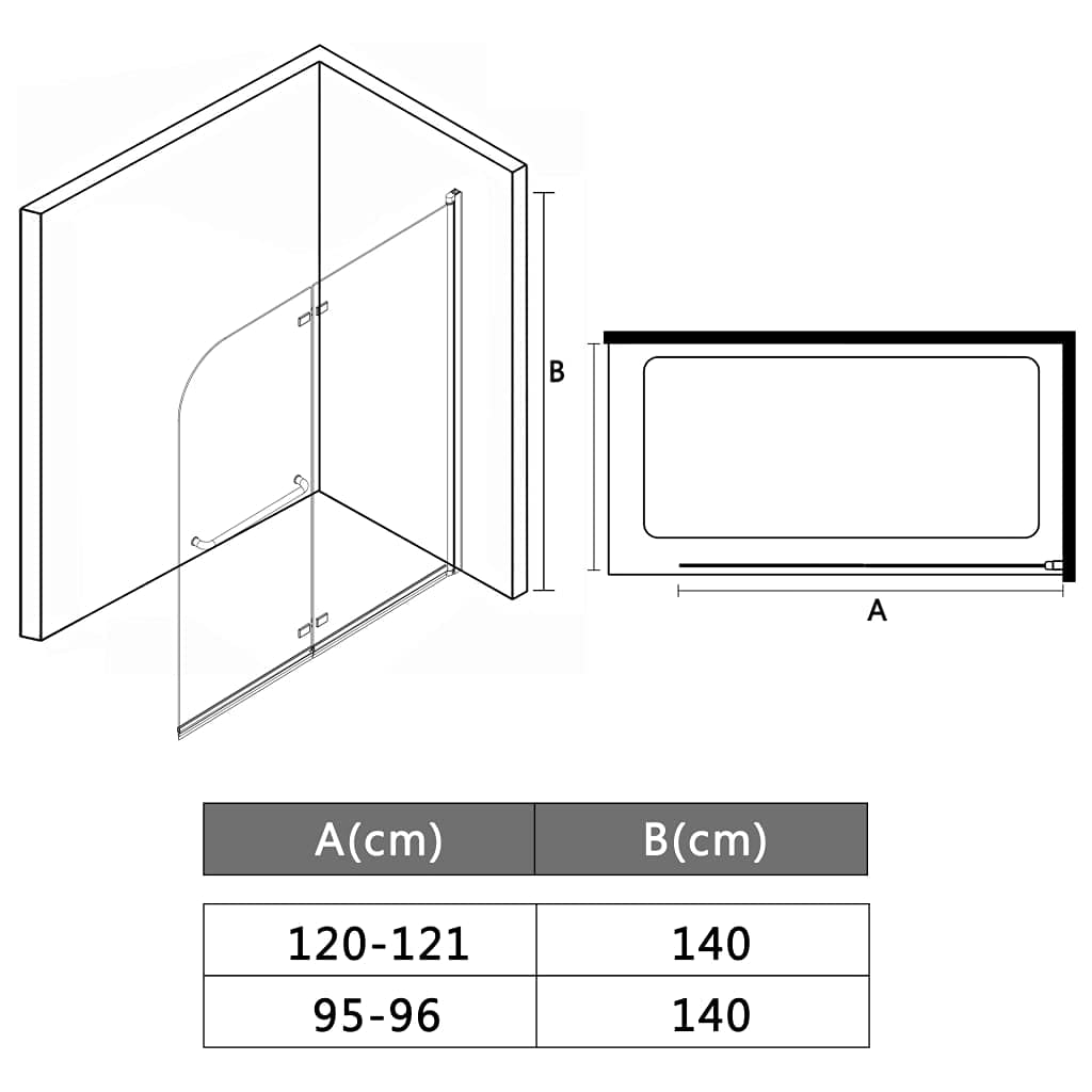 Mampara de Ducha Plegable 2 Paneles ESG 95x140 cm, Mampara Bañera, Mampara Baño Ducha, Cabina De Ducha, Mampara Baño