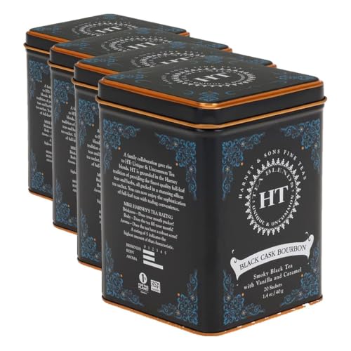 Image of Harney & Sons Black Cask Bourbon Tea, 20 Sachets of Smoky Lapsang Black Tea with Light Caramel Flavors (Pack of 4)