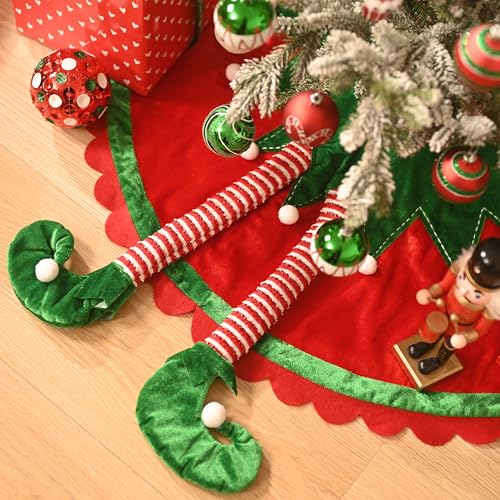 Valery-Madelyn-Elf-Christmas-Tree-Skirt-for-Tree-Decorations-48-Inch-Fabric-Delightful-Red-Green-Small-Xmas-Velvet-Tree-Skirt-with-3D-Elf-Legs-and-Ripple-Trim-for-Tree-Merry-Christmas-Party-Decor Valery Madelyn Elf Christmas Tree Skirt for Tree Decorations 48 Inch Fabric Delightful Red Green Small Xmas Velvet Tree Skirt with 3D Elf Legs and Ripple Trim for Tree Merry Christmas Party Decor