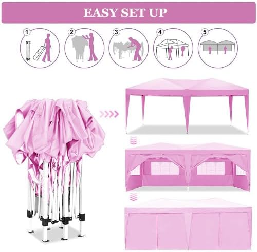 10x20 FT Pink Folding Canopy with 6 Removable Sidewalls (4 Windows and 2 Zipper), Outdoor Event Shelter, Pop Up Tent for Parties Beach Camping Wedding, Carry Bag Included