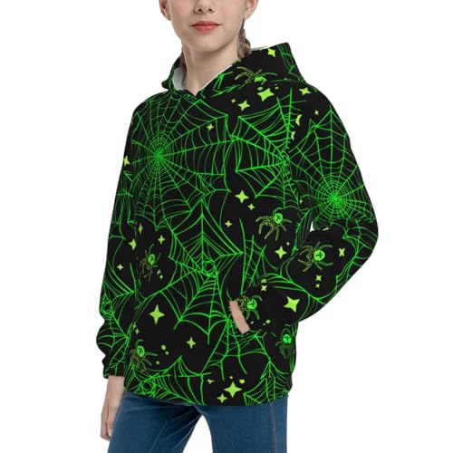 Green Bright Web with Spiders Kid Hoodies Boys Sweatshirts Girls Pullover with Pocket2