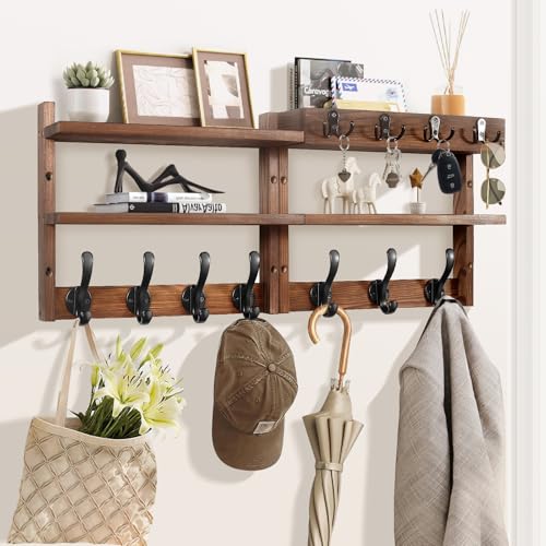 Image of 29 inch Coat Rack Wall Mount with Shelf, Pine Two-Tier Wall Shelf Mounted Coat and Key Hanger with 7 Heavy Duty Hooks 4 Key Hooks, Entryway Key Holder with Mail Holder for Bedroom,Living Room (Brown)