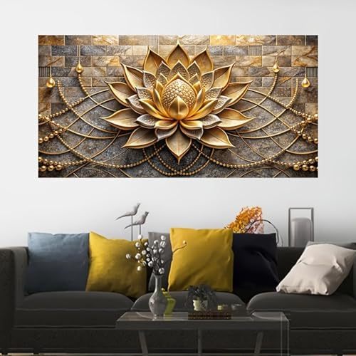 Toile Lotus Doré pour Couloir et Salon | Peinture Abstraite Cadre Noir