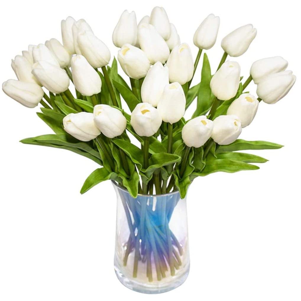 Lcarege Artificial Tulips Flowers Real Touch Tulips Holland PU Bouquet Latex Flower White for Wedding Party Office Home Kitchen Decoration 30pcs (White)