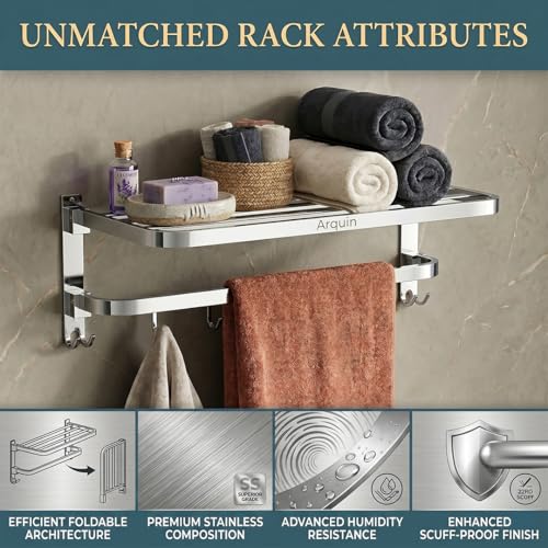 Image of ARQUIN Dual Folding Towel Rack for Bathroom | 304 Grade Stainless Steel Towel Stand for Bathroom | 24 Inch Wall Mounted Dual Folding Towel Holder Shelf | Cloth Hanger for Bathroom Chrome
