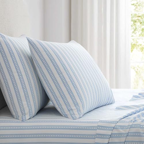 Image of Martha Stewart - Full Size Sheets Set, Crisp & Tailored Cooling Sheets with a Smooth Cotton Percale Lightweight Feel - Bed Sheets with Matching Pillowcases & Fitted Sheet (Francesca Stripe Blue)