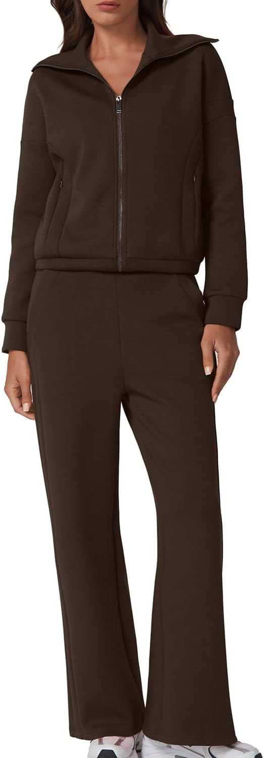 QINSEN Women's Cotton 2 Piece Outfits Lapel Long Sleeve Zip Up Sweatshirt Wide Leg Pants Matching Tracksuit Sets
