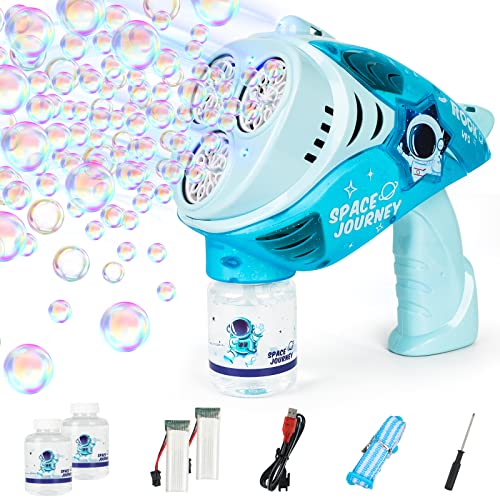 LELKC Automatic Bubble Guns With 2 Replacement Battery and 2 Bottles Bubble Solution, 30 Hole Bubble Machine Gun With Lights, Bubble Maker for Outdoor Kids/Adult Birthday Wedding Party Gift Toy (Blue)