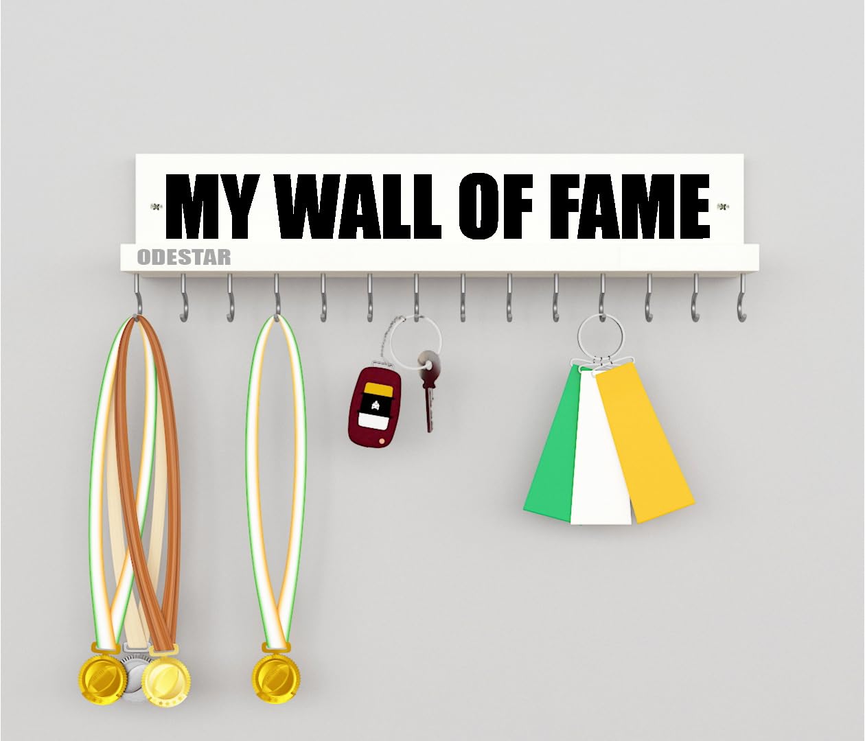 Odestar - Wooden Medal Holder Hanger Award, Medal Display Rack & Trophy Shelf Wall Mounted | My Wall of Fame |Engineered Wood - White with 14 - Hooks