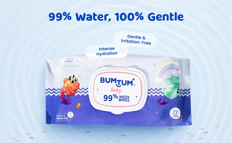 Image of Bumtum Baby Gentle 99% Pure Water Soft Moisturizing Wet Wipes With Lid | Aloe Vera & Chamomile Extracts | Paraben & Sulfate Free (Pack of 30, 72 Pcs. Per Pack)