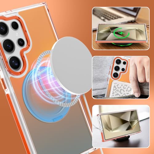 Image of Magnetic for Samsung Galaxy S24 Ultra Case with 360 Stand [Compatible with Magsafe] [Fluorescent Design] [1 Screen Protector] Slim Translucent Matte Case for Galaxy S24 Ultra 6.8 inch, Orange