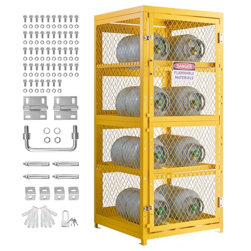 VEVOR Horizontal Cylinder Storage Cabinet 30L x 30W x 70.3H 8 Cylinder Capacity 4-Tier Propane Storage Cage with Lock and Keys Yellow Powder-Coated Carbon Steel for Propane Oxygen Nitrogen