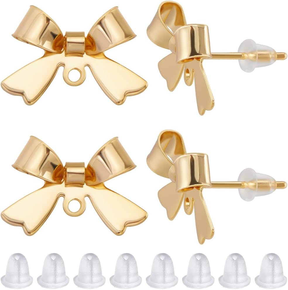 Beebeecraft 1 Box 30Pcs Bow Stud Earrings Findings 18K Gold Plated Brass Bowknot Posts Earring Findings with Loop for Dangle Earring Jewelry Making