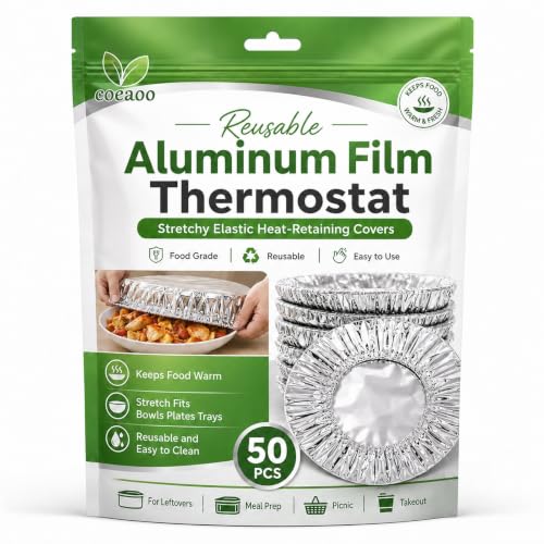50 Pack Reusable Aluminum Foil Food Covers Stretchy Elastic Edge Bowl Plate Tray Lids Heat Retaining Food Grade Cover for Picnic Takeout Leftovers Meal Prep BBQ Sandwich Burrito Outdoor Dining(50pcs)