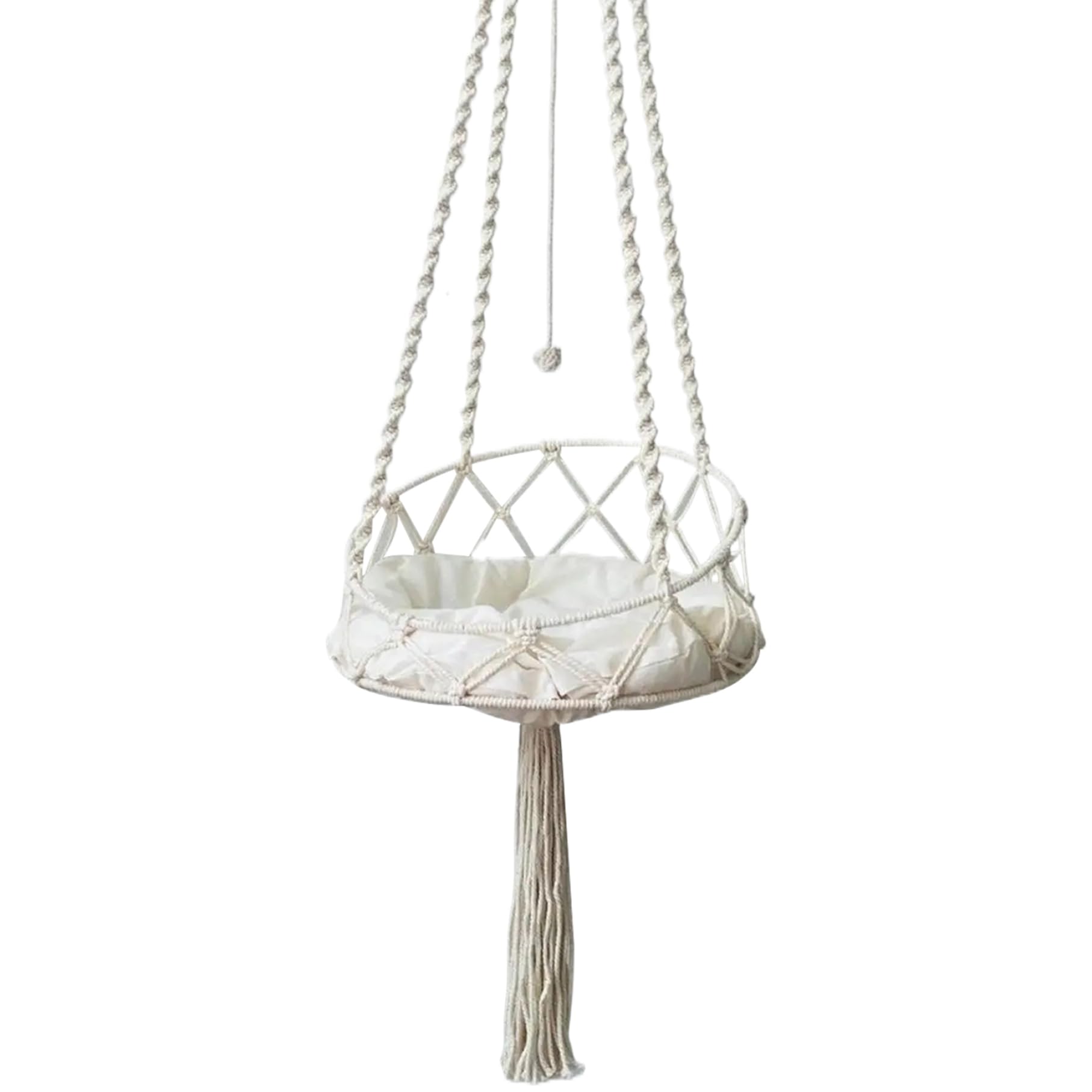Macrame Cat Hammock with Tassel & Roped Ball, Boho Tilted Swing Bed for Indoor Cats/16x51 Inch