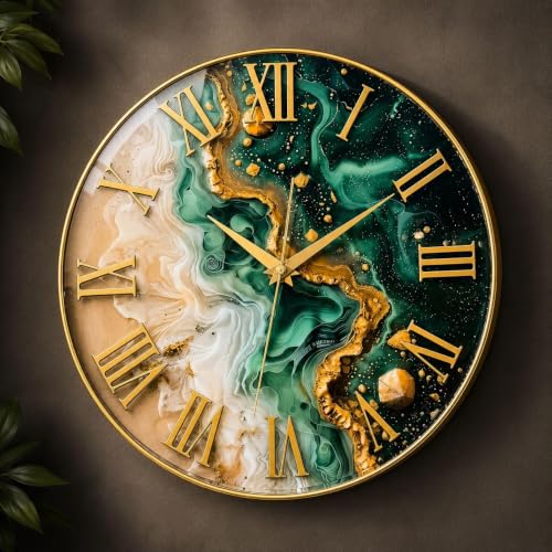 Image of Resin Art Wall Clock with Gold Roman Numerals, Green & Gold | Rasin Effect Dial, Gold Metal Frame, Fluid Art Design, Home Decor, Round Shape