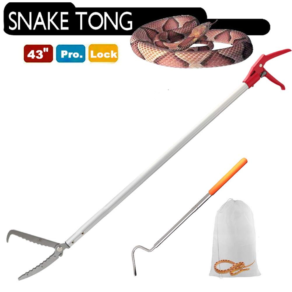 Pince à serpent pour reptiles 43 cm - En alliage d'aluminium - Outil de manipulation de la mâchoire large avec serrure et poignée confortable (crochet de serpent et sac)