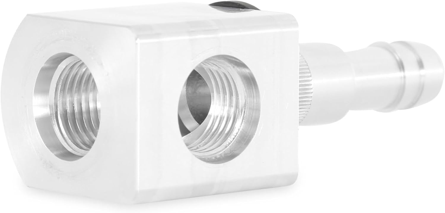 EARL'S Fuel Return Fitting, Two 6 AN Female Inlets, One 3/8 in Hose Barb, Return Tube Straw/Plug/Hardware Included, Aluminum, Clear Anodized, Each