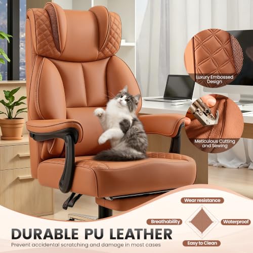 Image of BestGlory Office Desk Chair, Big and Tall Leather Gaming Chair with Footrest, Ergonomic Comfy Executive High-Back Reclining Computer Chairs, Wide Swivel Rolling Wheels and Padded Lumbar Support, Brown