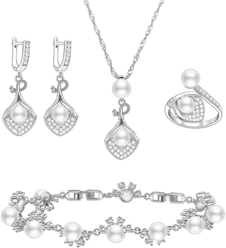 LMXXVJ Faux Pearl Jewelry Set for Women,Necklace Adjustable Ring Earrings Bracelet Set,Birthday/Wedding/Mother’s Day Jewelry Gifts for Mom/Wife/Best Friend Goddess/Valentine
