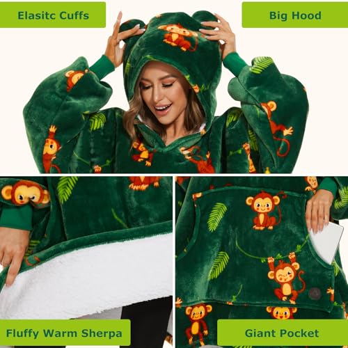 THREE POODLE Wearable Blanket Hoodie for Women, Oversized Sherpa Sweatshirt Blanket for Adults Men, Cozy Monkey Hooded Blankets, Gifts for Teen Girls Women Mom Sister