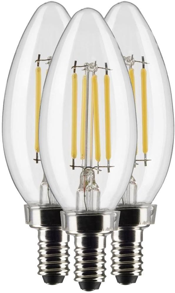 Satco S21367 4 Watt B11 LED Filament Light Bulbs Clear E12 Candelabra Base 90 CRI 3000K Soft White 350 Lumen120 Volt Dimmable Wet Location 3-Bulbs